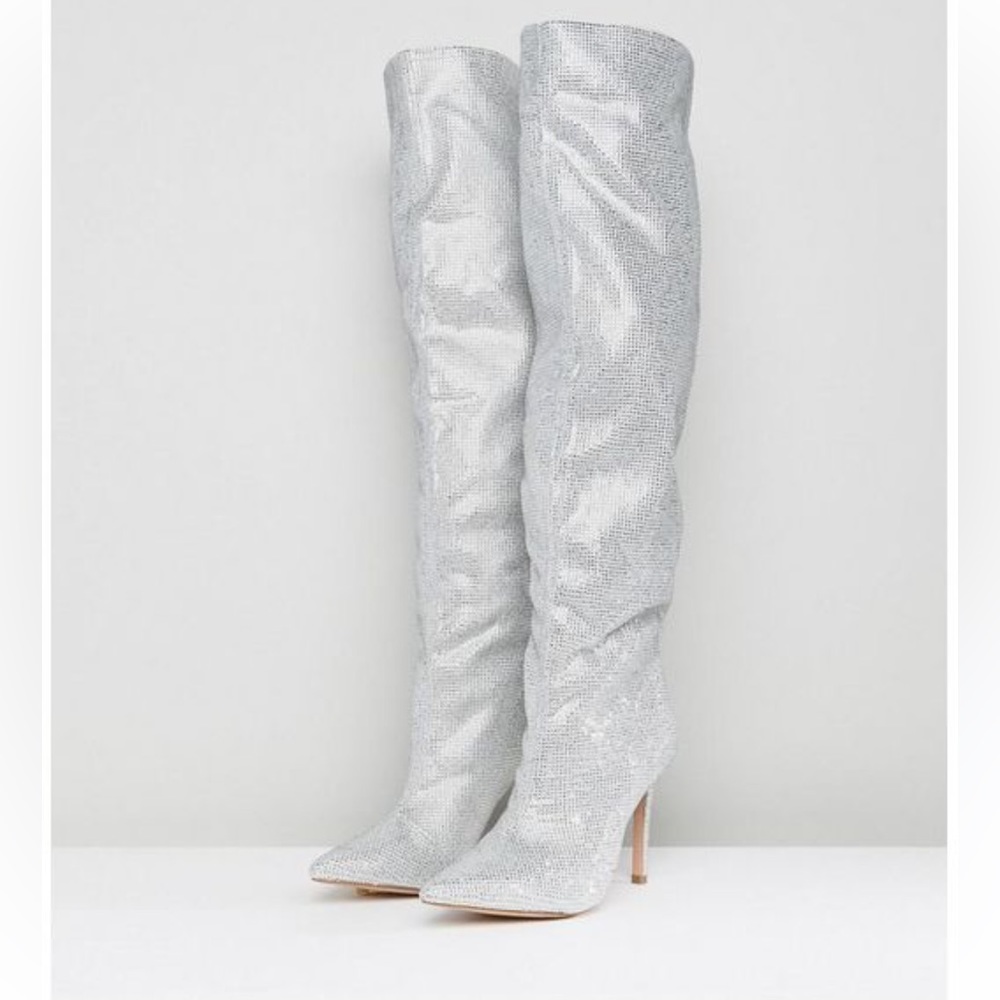 ALDO CLAIRA CRYSTAL SLOUCH STILETTO BOOTS SILVER, SZ 7.5 - Picture 3 of 6
